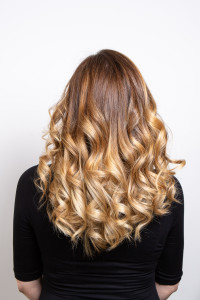 Back part of the hair of a young blond haired woman with balayage effect, isolated on white background. Hair care and nature concept